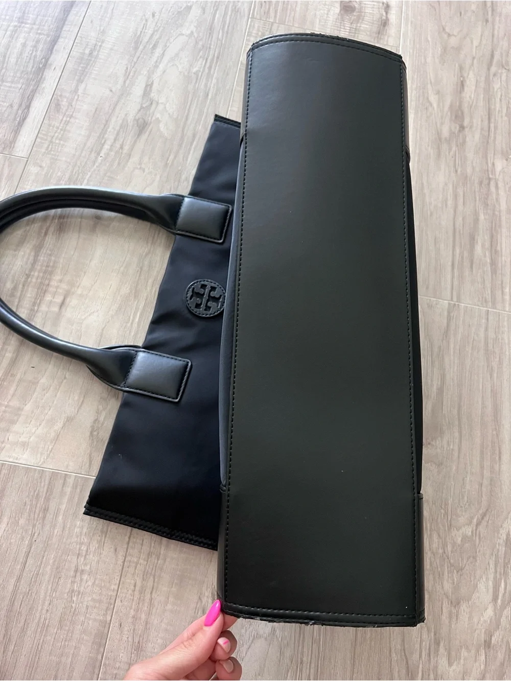 Tory Burch Black Nylon Ella Tote Bag Double T Logo Leather Trim Large Shopper